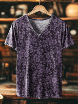 Herren Vintage V-Ausschnitt T-Shirt mit abstraktem lila Blumenmuster – Locker, Baumwollmix, Frühling & Sommer
