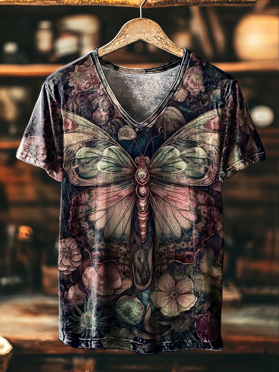 Herren Vintage T-Shirt mit Schmetterlings- und Blumenprint – V-Ausschnitt, kurzärmelig, lockerer Schnitt für Frühling & Sommer