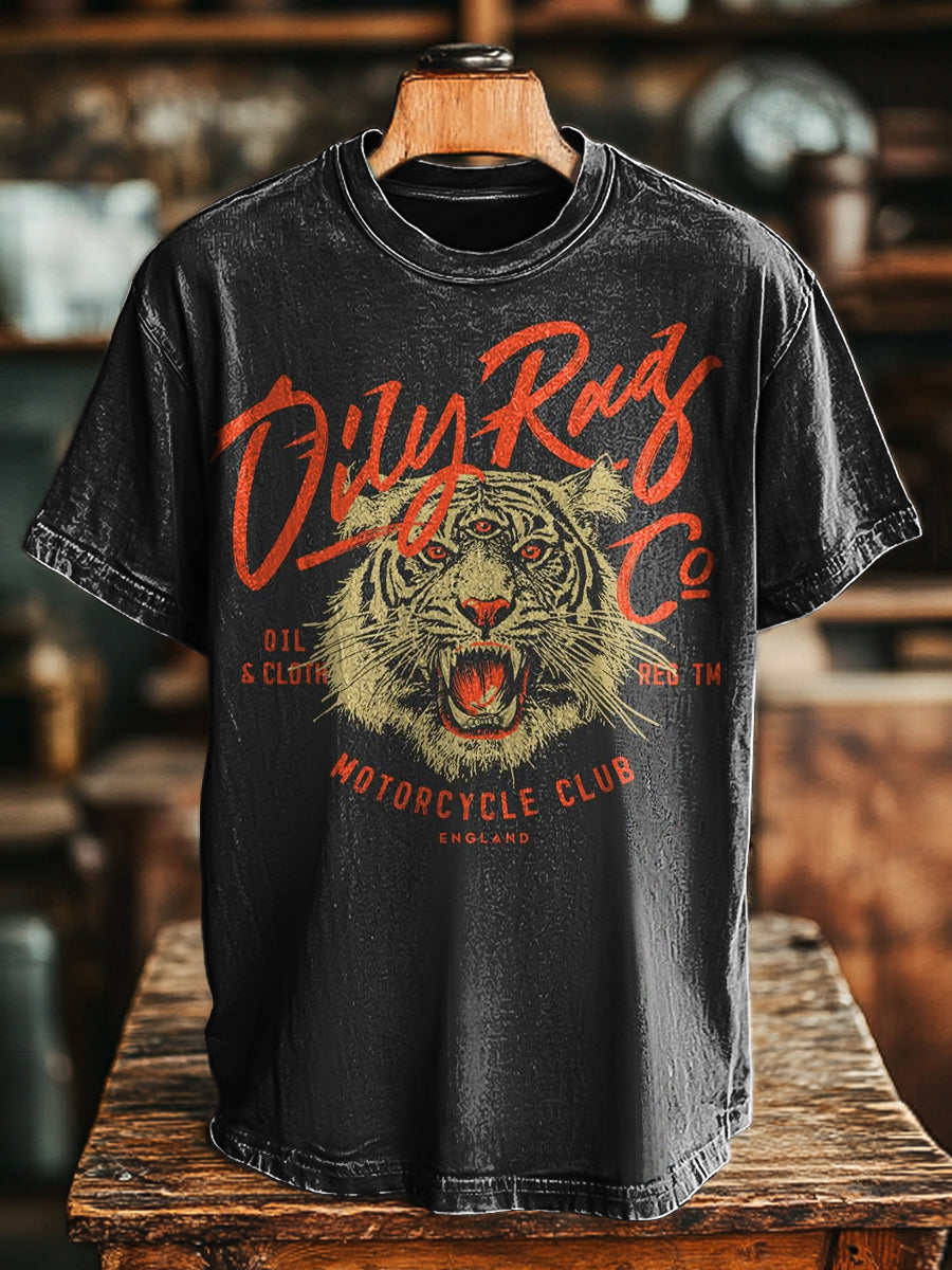 Herren Vintage T-Shirt mit Drei-Augen Tiger-Print – Rundhals, Kurzarm, Lockere Passform für Frühling & Sommer
