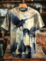 Herren Vintage T-Shirt mit Abstraktem Krähen-Print – Rundhals, Kurzarm, Lockere Passform für Frühling & Sommer