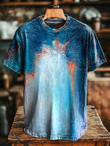 Herren Vintage T-Shirt mit Blauem Abstrakten Kunst-Print – Rundhals, Kurzarm, Lockere Passform für Frühling & Sommer