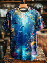 Herren Vintage T-Shirt mit Fantasy Unterwasserwelt-Print – Rundhals, Kurzarm, Lockere Passform für Frühling & Sommer