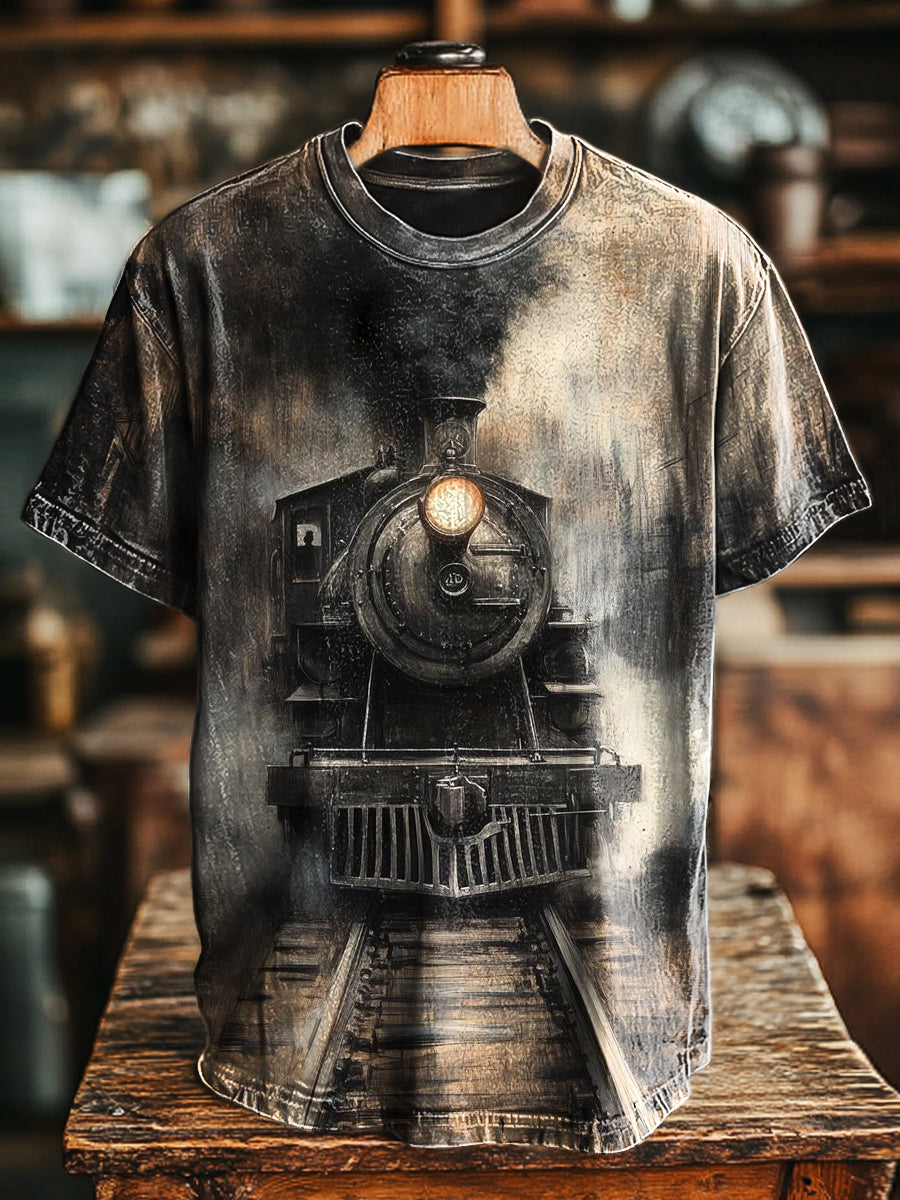 Herren Vintage T-Shirt mit altem Dampflok-Print – Locker geschnitten, Rundhals, Kurzarm für Frühling & Sommer