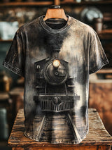 Herren Vintage T-Shirt mit altem Dampflok-Print – Locker geschnitten, Rundhals, Kurzarm für Frühling & Sommer