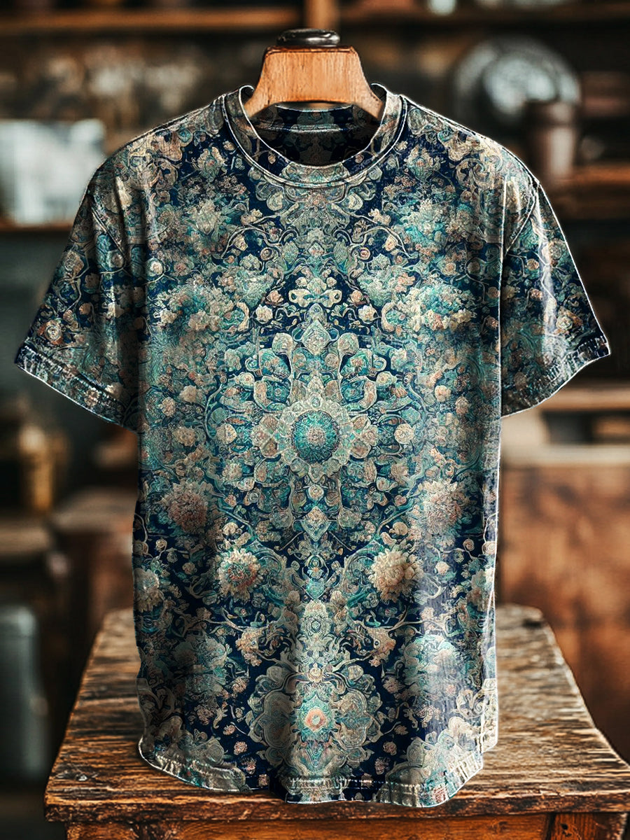 Herren Vintage T-Shirt mit ethnischem Totem-Print – Lockerer Schnitt, Rundhals, Kurzarm für Frühling & Sommer