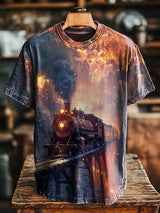 Herren Vintage T-Shirt mit Dampflok-Print – Lockerer Schnitt, Rundhals, Kurzarm