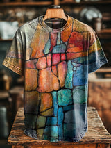 Herren Vintage T-Shirt mit abstraktem Marmor- und Geometrie-Print – Lockerer Schnitt, Rundhals, Kurzarm