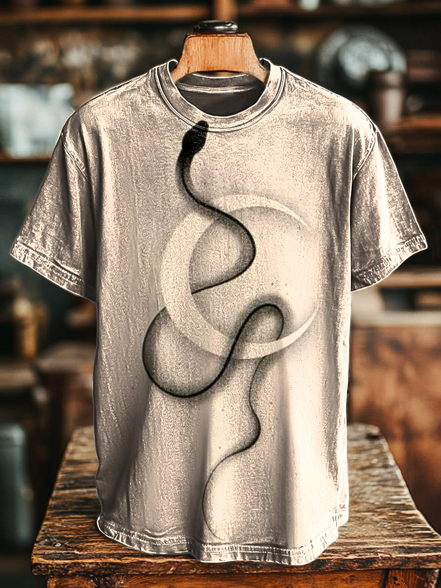 Herren Vintage T-Shirt mit abstraktem Mond und Schlangenprint – Lockerer Schnitt, Rundhals, Kurzarm