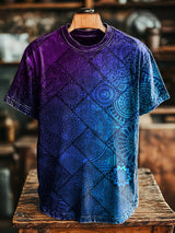 Herren Vintage T-Shirt mit Farbverlauf Geometrischem Totem Print – Lockerer Schnitt, Rundhals, Kurzarm
