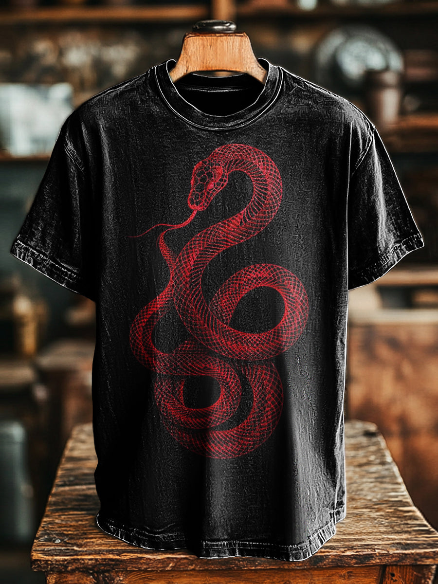 Herren Vintage T-Shirt mit Abstraktem Schlangen-Print – Lockerer Schnitt, Rundhals, Kurzarm