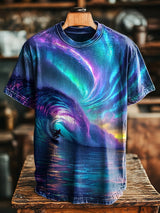Herren Retro T-Shirt mit Aurora-Surf-Print – Lockerer Schnitt, Rundhals, Kurzarm