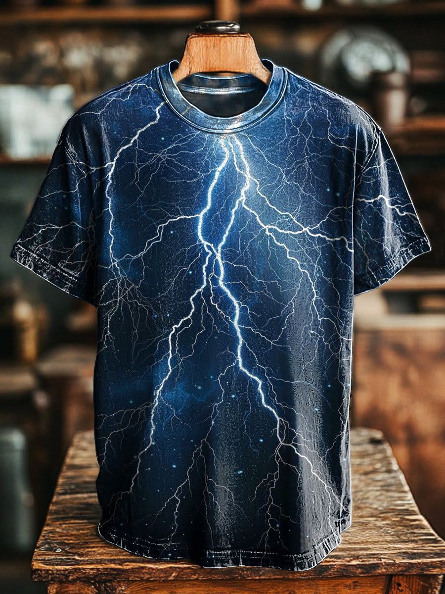Herren Vintage T-Shirt mit Farbverlauf und Blitz-Print – Lockerer Schnitt, Rundhals, Kurzarm