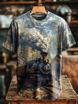 Herren Retro T-Shirt mit nostalgischem Dampflok-Print – Locker geschnittenes Freizeitshirt im Vintage-Stil