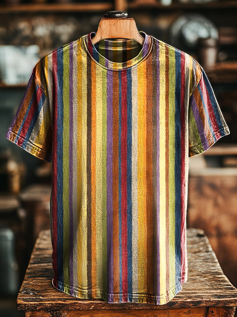 Herren Vintage T-Shirt mit Buntem Streifen-Kunstdruck – Lockerer Lässiger Stil