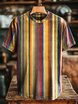 Herren Vintage T-Shirt mit Buntem Streifen-Kunstdruck – Lockerer Lässiger Stil