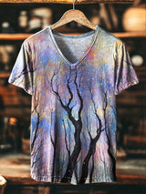 Herren Vintage V-Ausschnitt T-Shirt mit Fantasiehaftem Sternen-Ast Druck – Lockerer Lässiger Stil