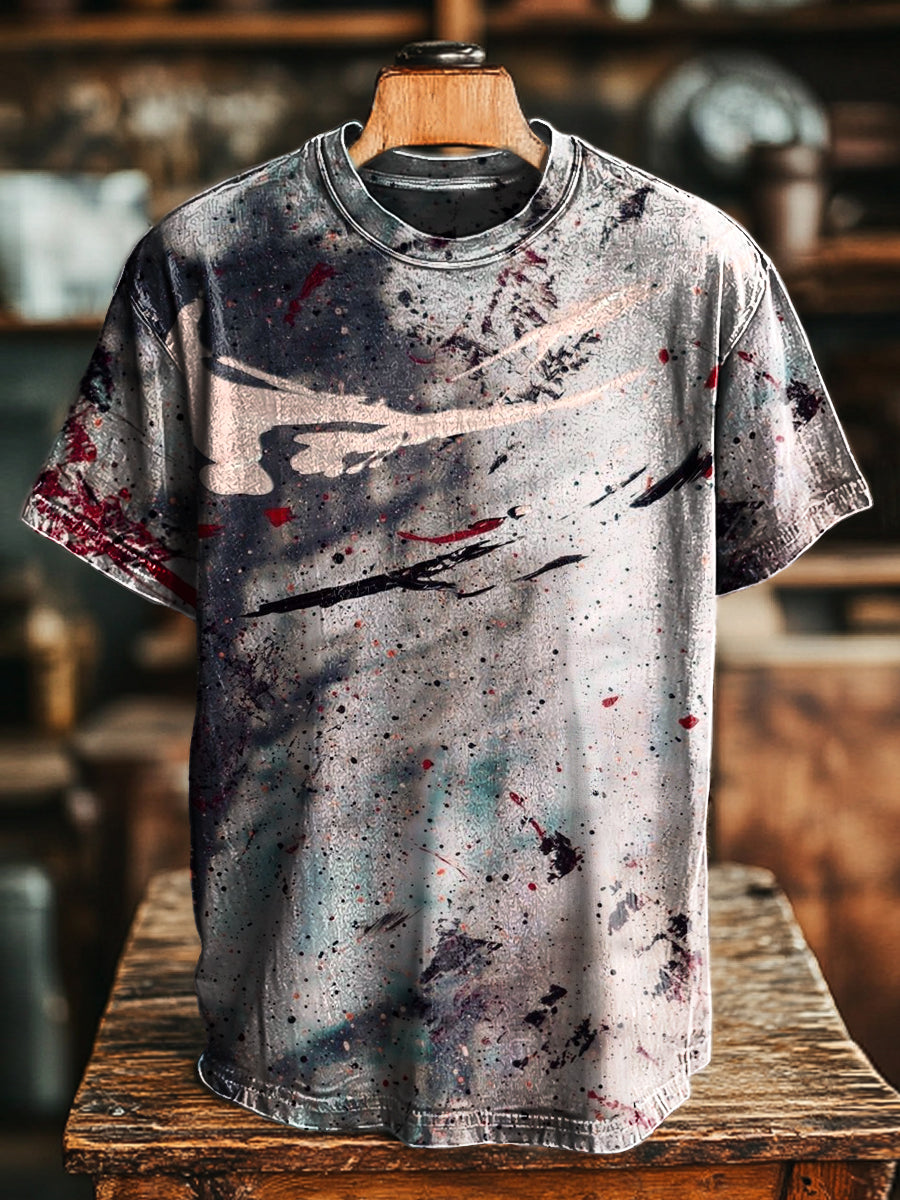 Herren Vintage T-Shirt mit Abstraktem Tinten Kunst-Druck – Lässiger Rundhalsausschnitt, Lockerer Stil