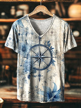 Herren Vintage T-Shirt mit Abstraktem Blumen- und Kompassdruck – Lässiger V-Ausschnitt, Lockerer Stil