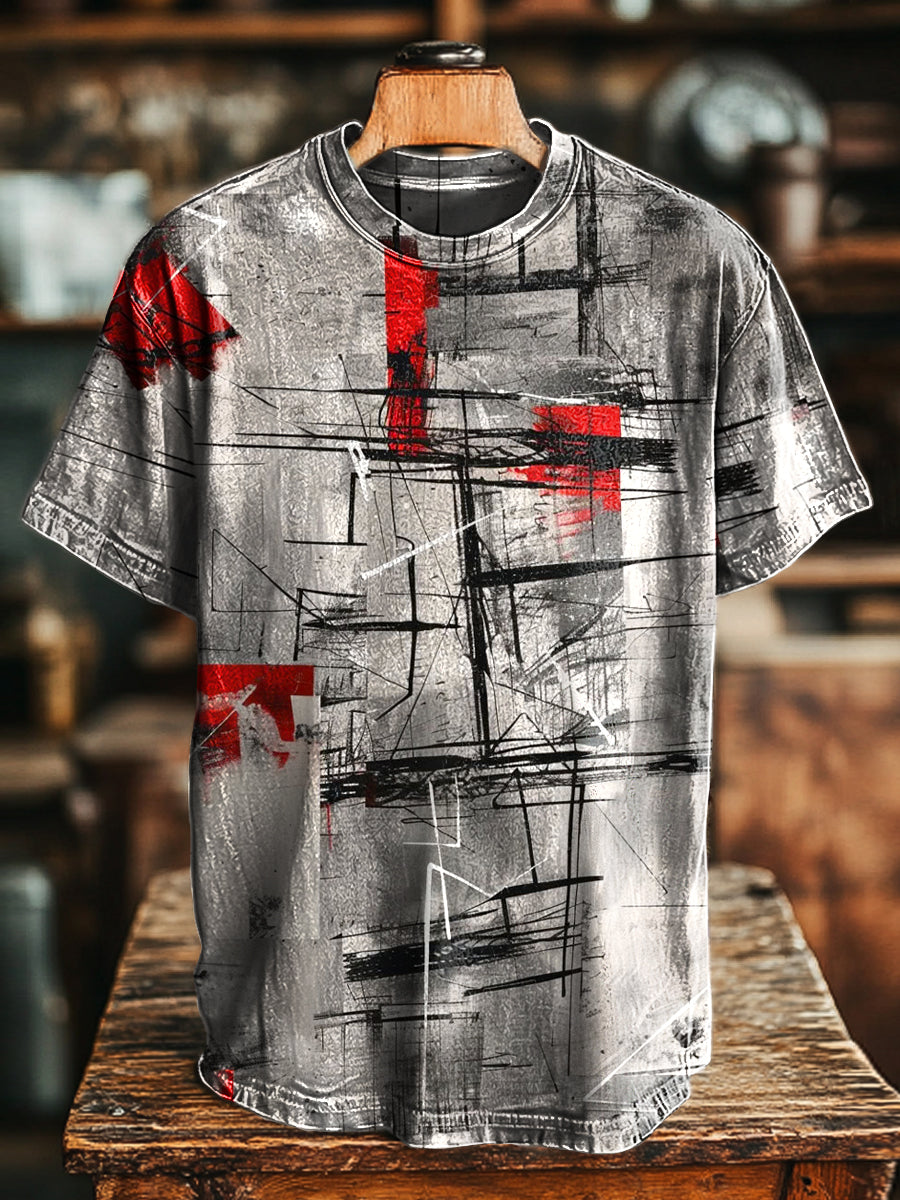 Herren T-Shirt mit Vintage Linien-Print – Lässig, Locker, Kurzarm
