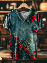 Herren V-Ausschnitt T-Shirt mit Vintage Rosen-Print – Lässig, Kurzarm