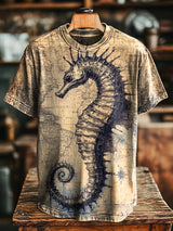 Herren T-Shirt mit Vintage Seekarten- und Seepferdchen-Print – Lässig, Lockerer Schnitt, Kurzarm