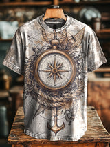 Herren T-Shirt mit Vintage Nautik-Kompass-Print – Lässig, Lockerer Schnitt, Kurzarm