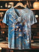 Herren V-Ausschnitt T-Shirt mit Vintage Muschel-Halo-Print – Lässig, Kurzarm, Bequemer Schnitt