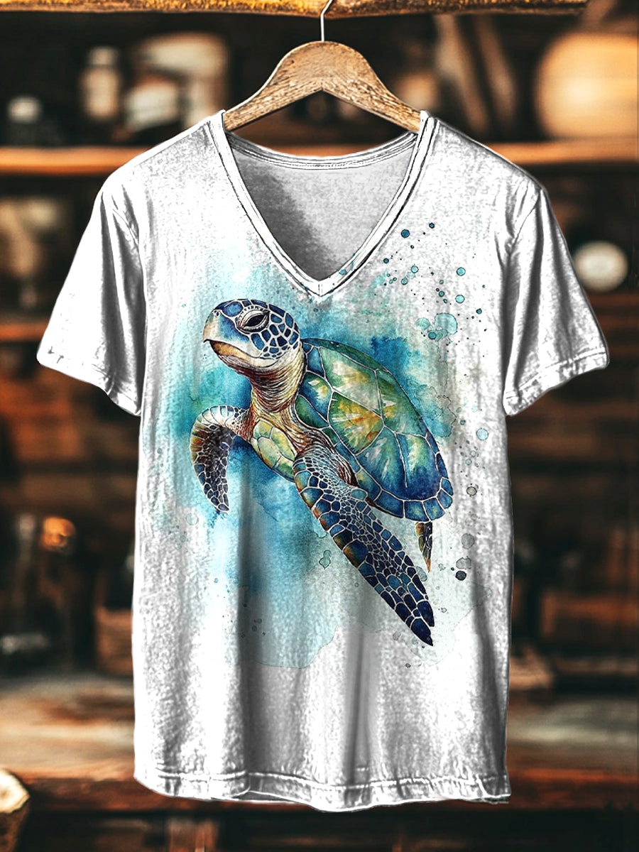 Herren T-Shirt mit Vintage Abstraktem Schildkröten-Print – Lässiger V-Ausschnitt, bequem und stilvoll