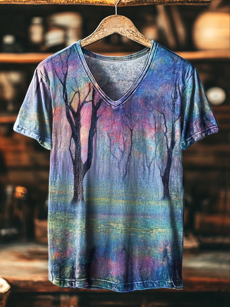 Herren V-Ausschnitt T-Shirt mit Vintage-Abstraktem Waldspiegel-Print – Lässiger Stil, einzigartig und bequem