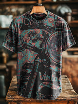 Herren T-Shirt mit Vintage-Biker- und Blumen-Print – Abstraktes Design, lockerer Oversize-Stil