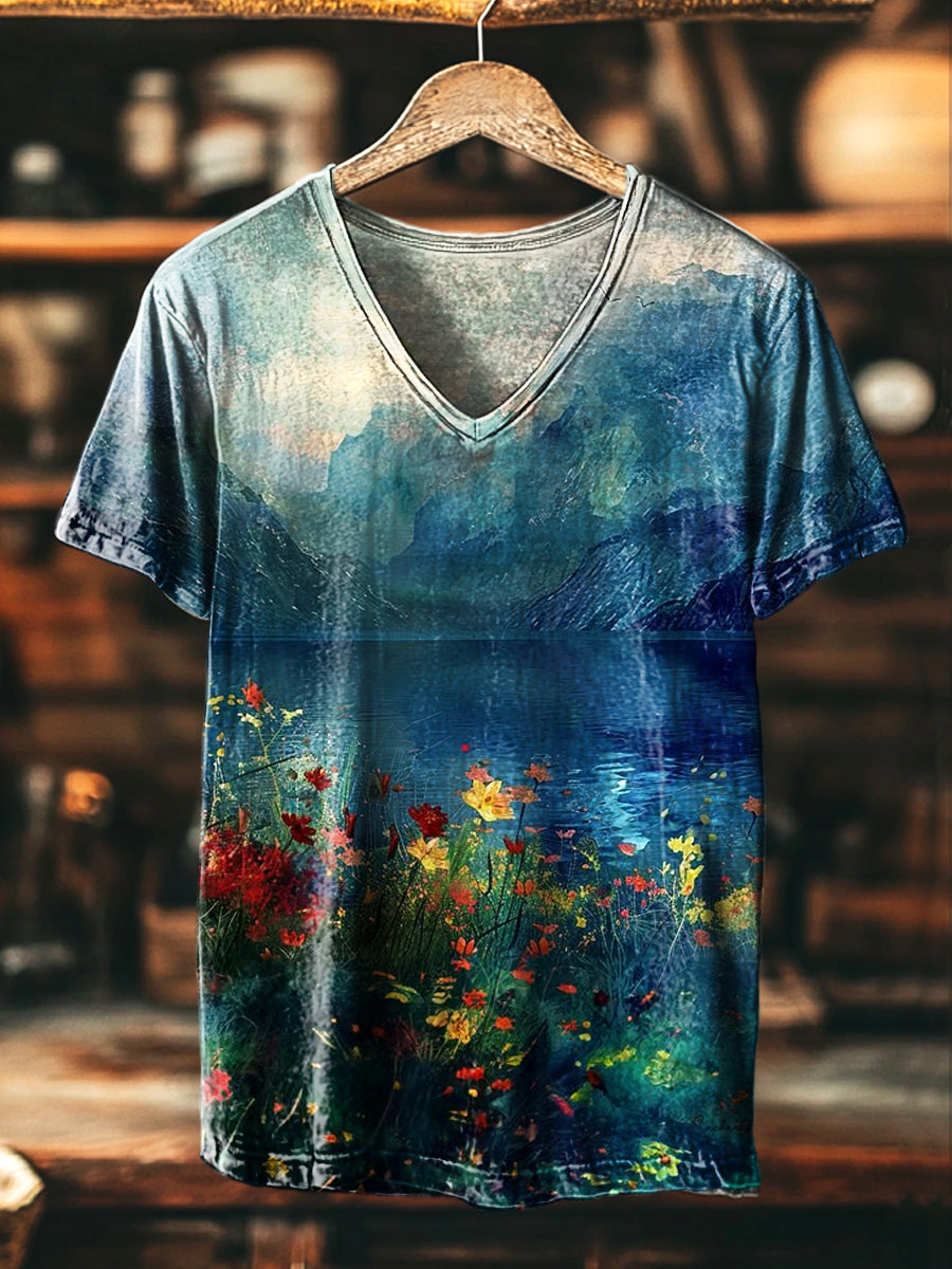 Herren V-Ausschnitt T-Shirt mit Vintage-Blumen- und Landschafts-Print – Künstlerischer Freizeitstil, bequeme Passform