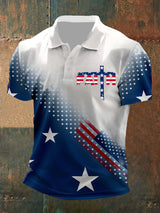 Herren Polo-Shirt mit Kreuz- und USA-Flaggen-Print – Leichtes Baumwollmischgewebe & moderner Freizeitstil Weiß-Blau / S