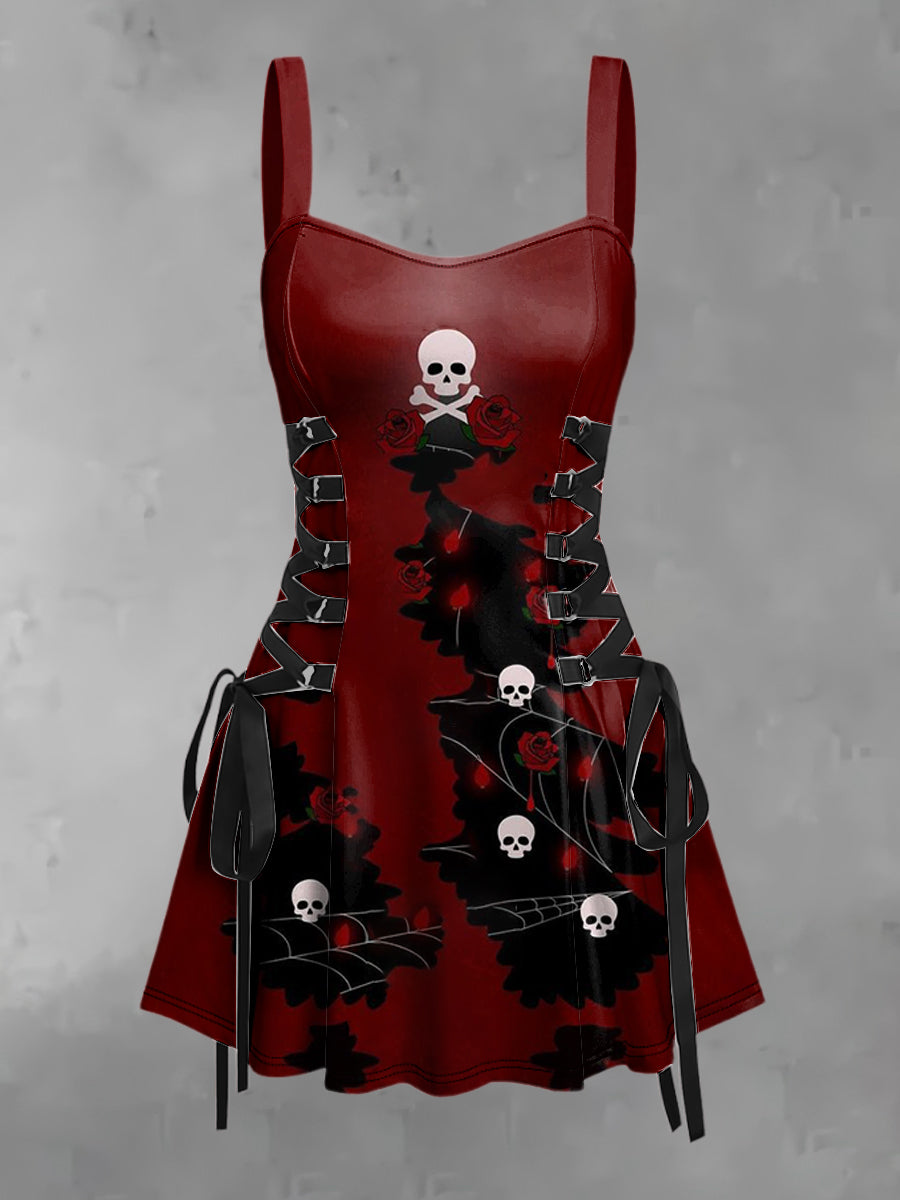 Damen Gothic-Punk Mini-Trägerkleid mit Totenkopf- und Rosenprint – Vintage-Stil mit A-Linien-Silhouette für Frühling &
