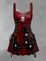 Damen Gothic-Punk Mini-Trägerkleid mit Totenkopf- und Rosenprint – Vintage-Stil mit A-Linien-Silhouette für Frühling &