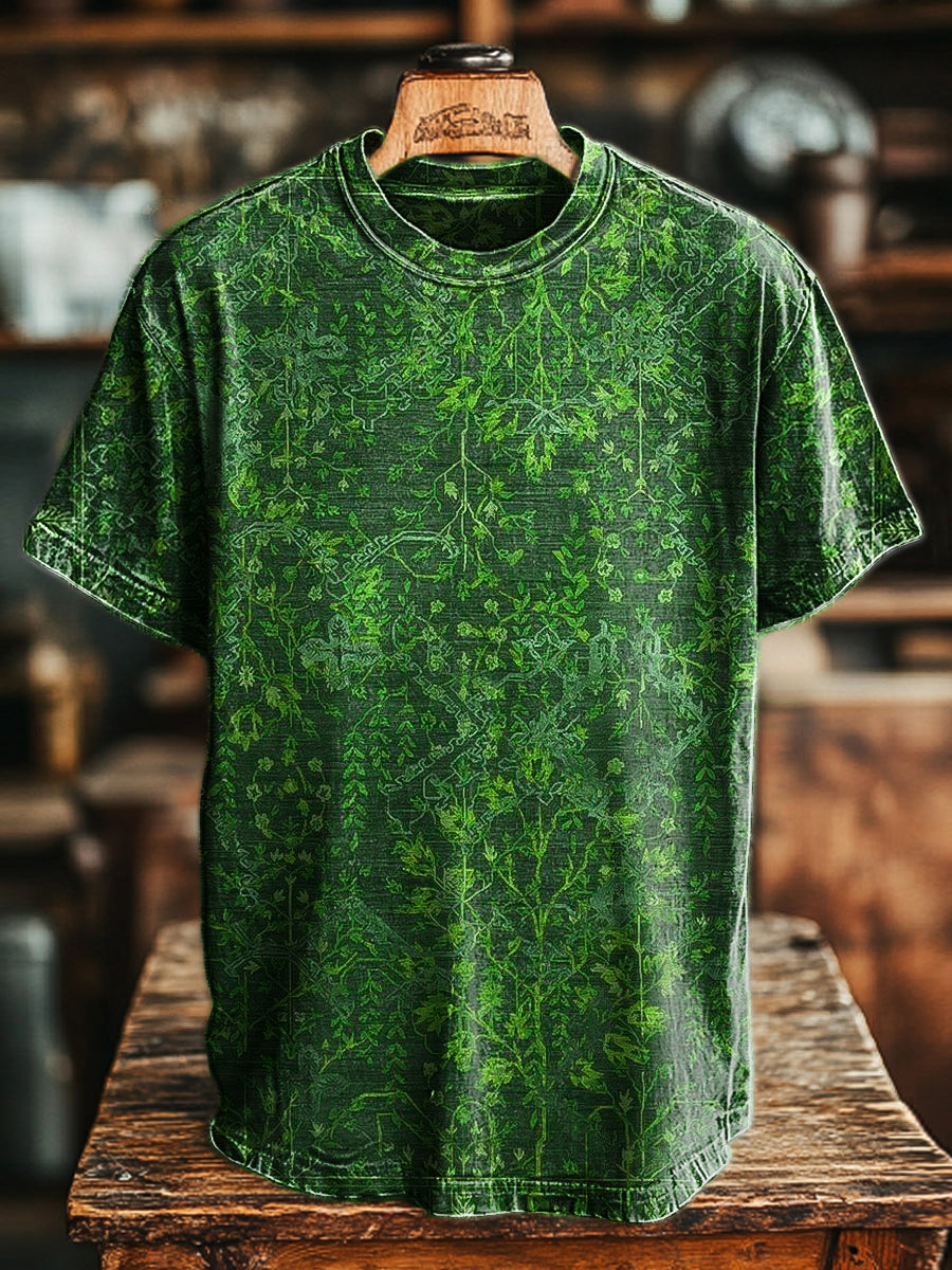 Herren T-Shirt mit botanischem Blumen-Print im Retro-Stil – Lockerer Schnitt & Baumwollmix für lässige Sommerlooks Grün