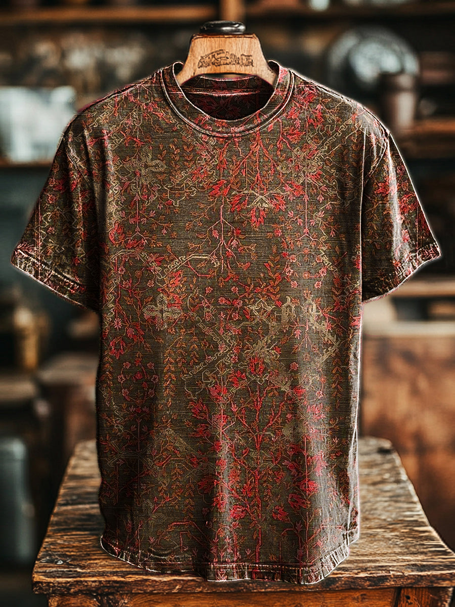 Herren T-Shirt mit botanischem Blumen-Print im Retro-Stil – Lockerer Schnitt & Baumwollmix für lässige Sommerlooks Rot