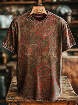 Herren T-Shirt mit botanischem Blumen-Print im Retro-Stil – Lockerer Schnitt & Baumwollmix für lässige Sommerlooks Rot