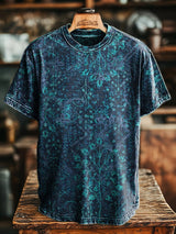 Herren T-Shirt mit botanischem Blumen-Print im Retro-Stil – Lockerer Schnitt & Baumwollmix für lässige Sommerlooks Blau