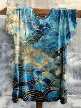 Unisex T-Shirt mit abstraktem Wellen-Print im Vintage-Stil – Baumwollmix & lockerer Schnitt für kreative Freizeit-Looks