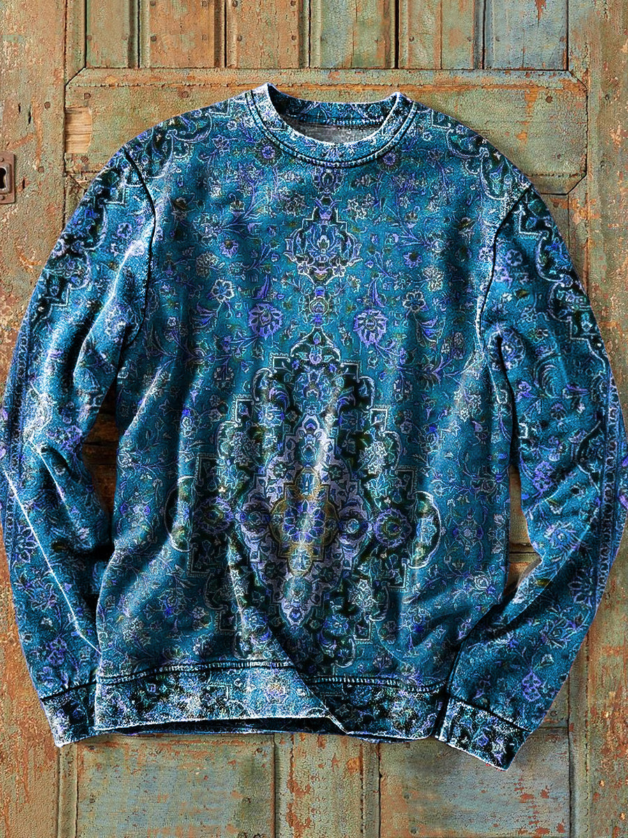 Herren Sweatshirt mit floralem Print im Vintage-Ethno-Stil – Baumwollmix & lockerer Schnitt für Alltag und Freizeit
