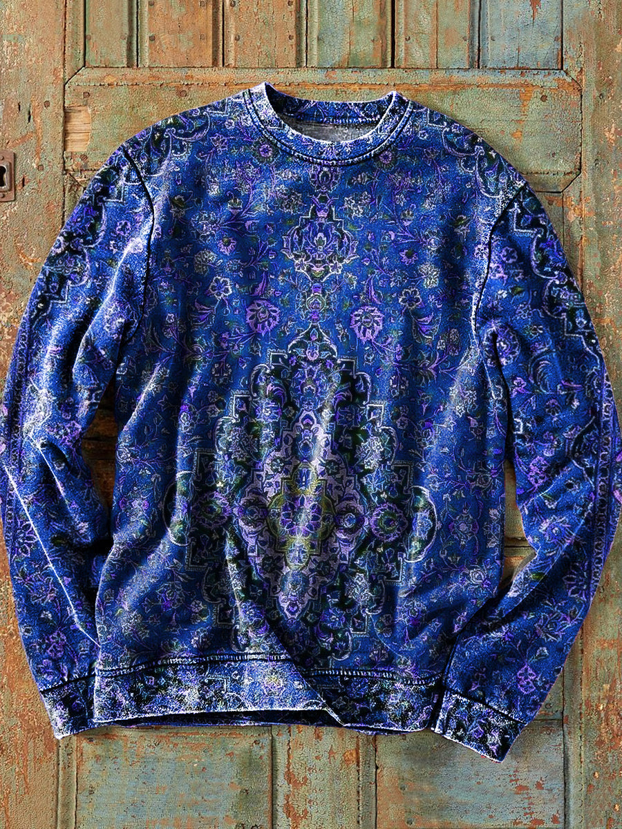 Herren Sweatshirt mit floralem Print im Vintage-Ethno-Stil – Baumwollmix & lockerer Schnitt für Alltag und Freizeit