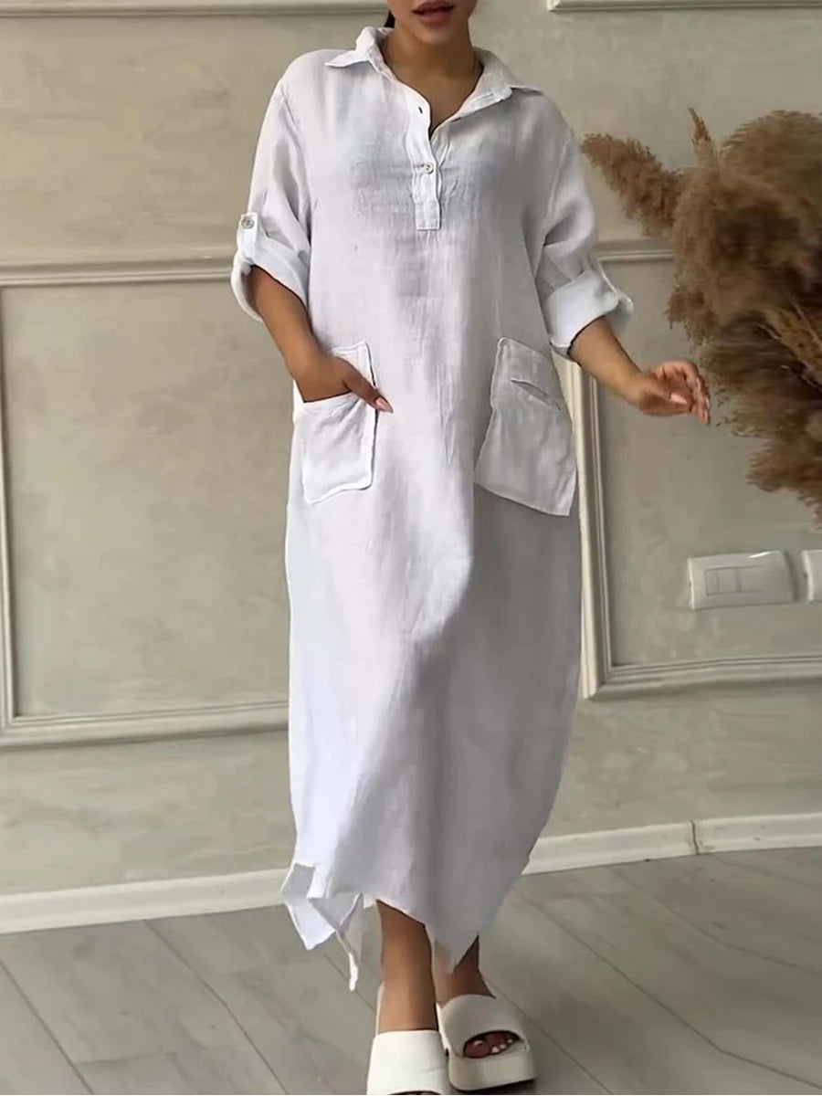Damen Maxikleid aus Baumwolle und Leinen mit Reverskragen – Unifarbenes Kleid mit Taschen & asymmetrischem Saum Weiß / S