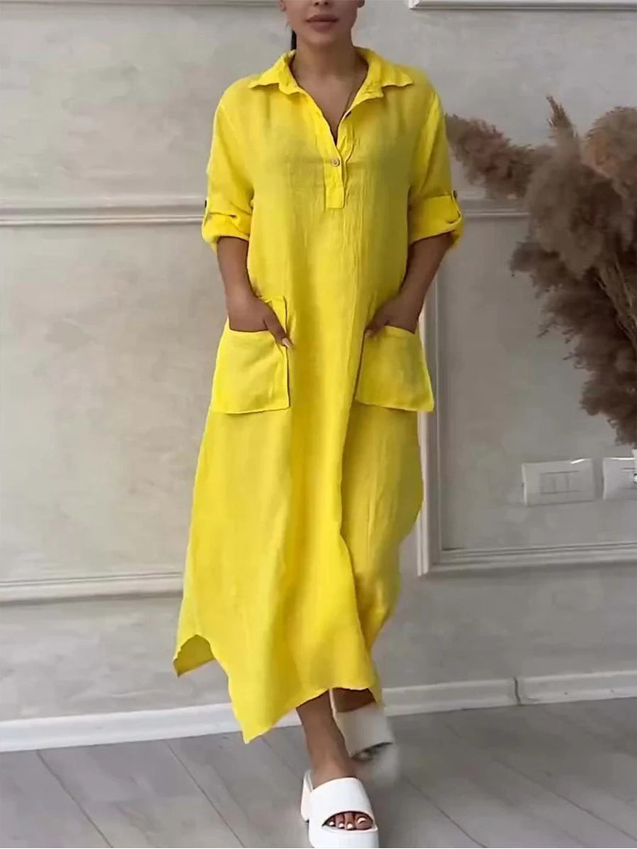Damen Maxikleid aus Baumwolle und Leinen mit Reverskragen – Unifarbenes Kleid mit Taschen & asymmetrischem Saum Gelb / S