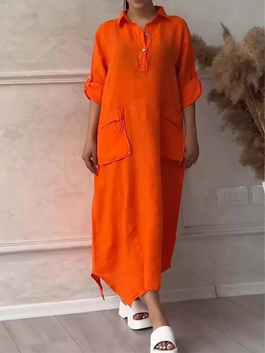 Damen Maxikleid aus Baumwolle und Leinen mit Reverskragen – Unifarbenes Kleid mit Taschen & asymmetrischem Saum Rot / S