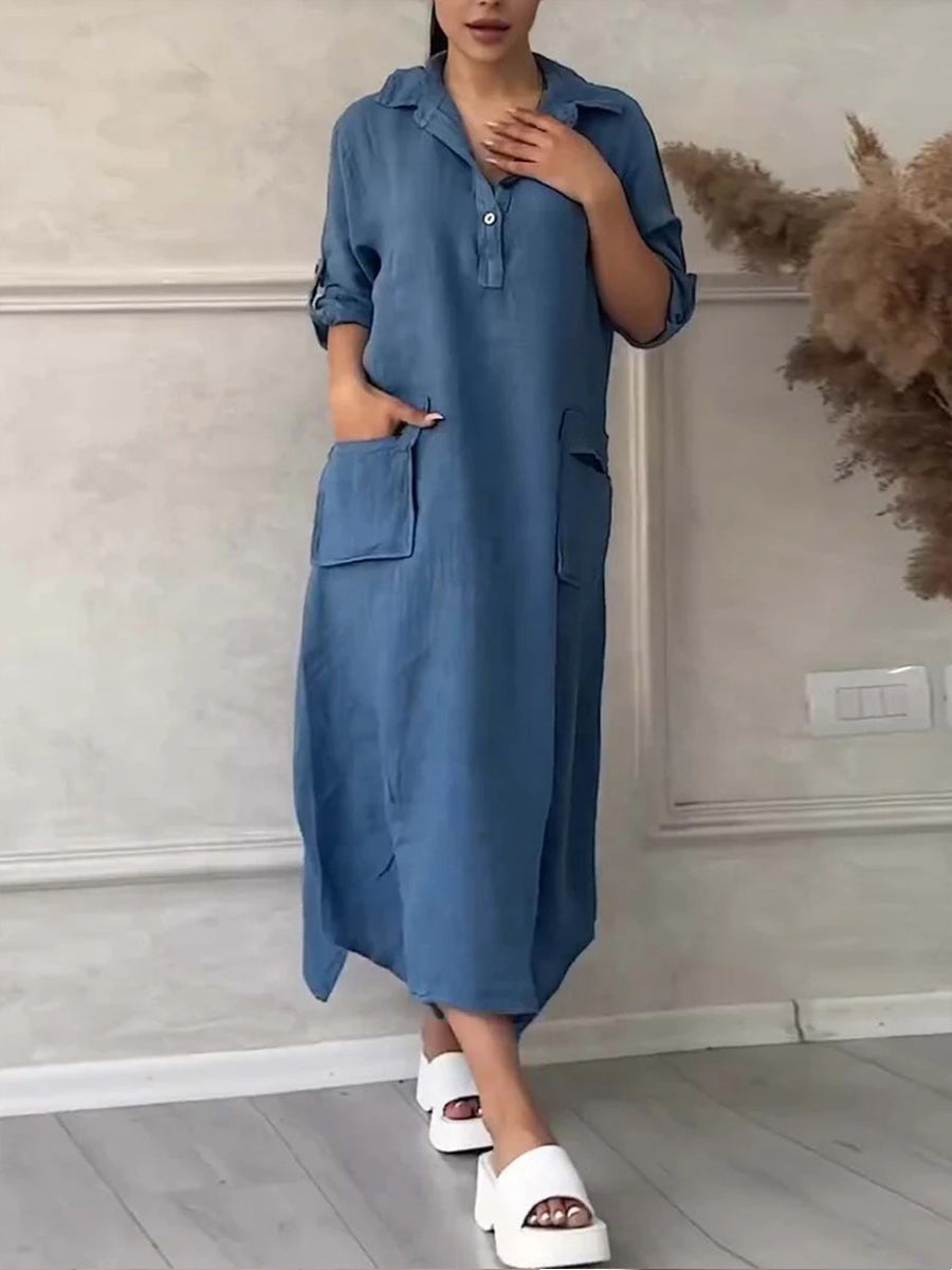 Damen Maxikleid aus Baumwolle und Leinen mit Reverskragen – Unifarbenes Kleid mit Taschen & asymmetrischem Saum Blau / S