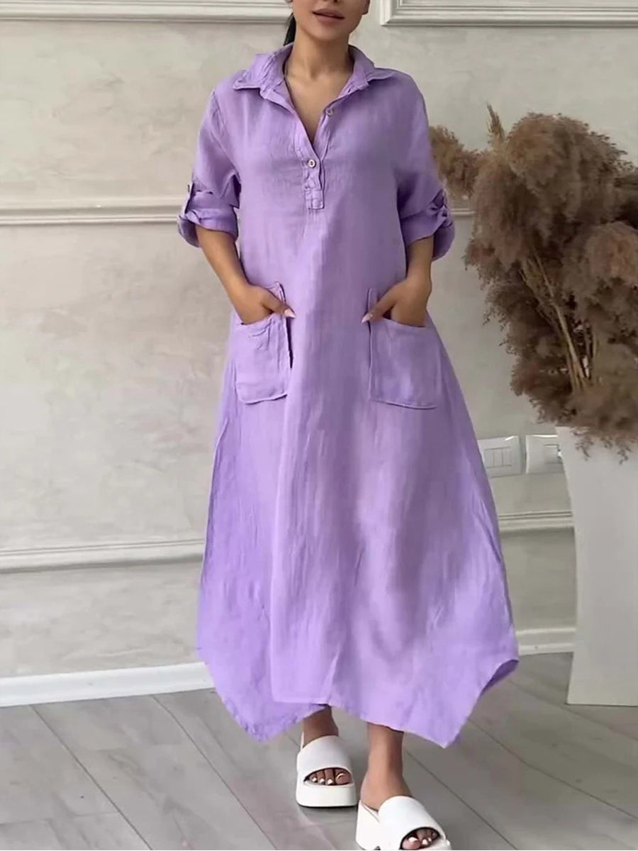 Damen Maxikleid aus Baumwolle und Leinen mit Reverskragen – Unifarbenes Kleid mit Taschen & asymmetrischem Saum Lila / S