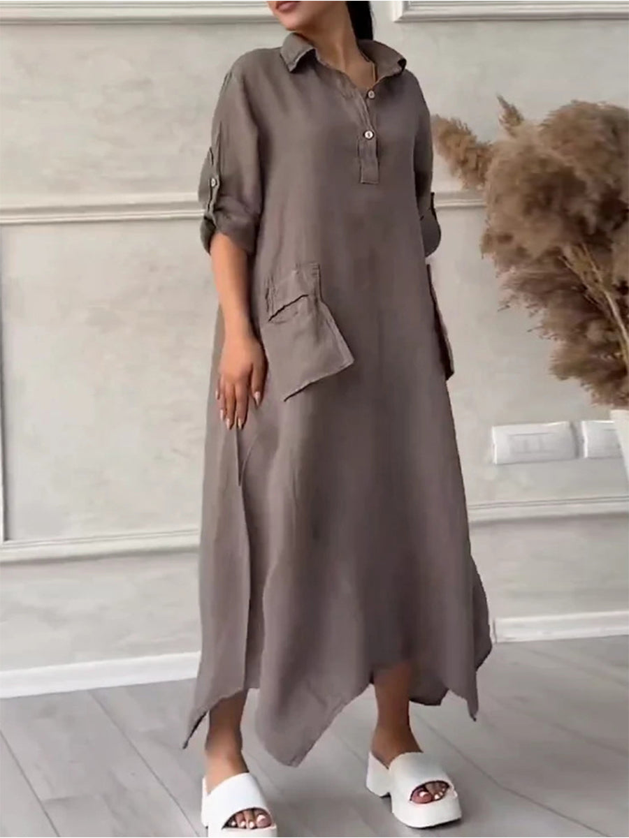 Damen Maxikleid aus Baumwolle und Leinen mit Reverskragen – Unifarbenes Kleid mit Taschen & asymmetrischem Saum Grau / S