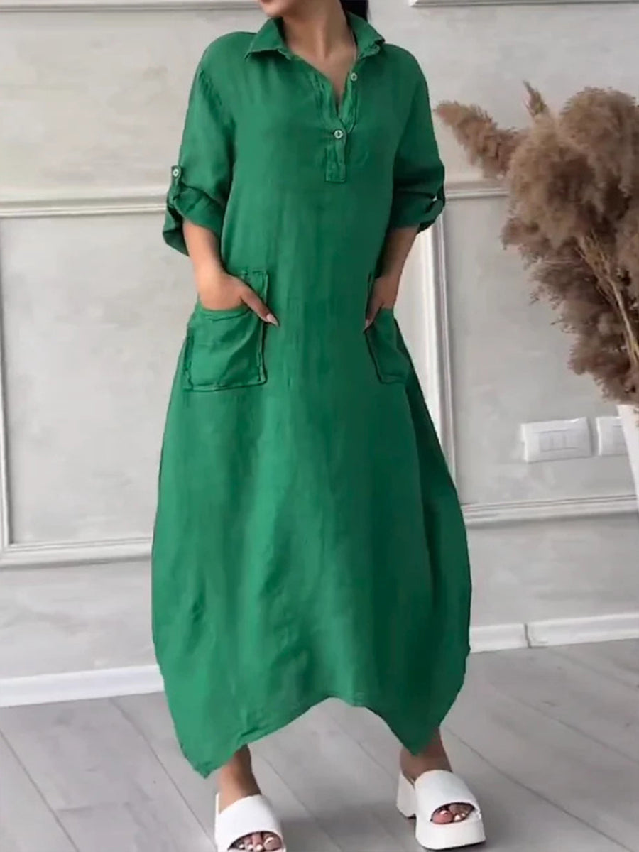 Damen Maxikleid aus Baumwolle und Leinen mit Reverskragen – Unifarbenes Kleid mit Taschen & asymmetrischem Saum Grün / S