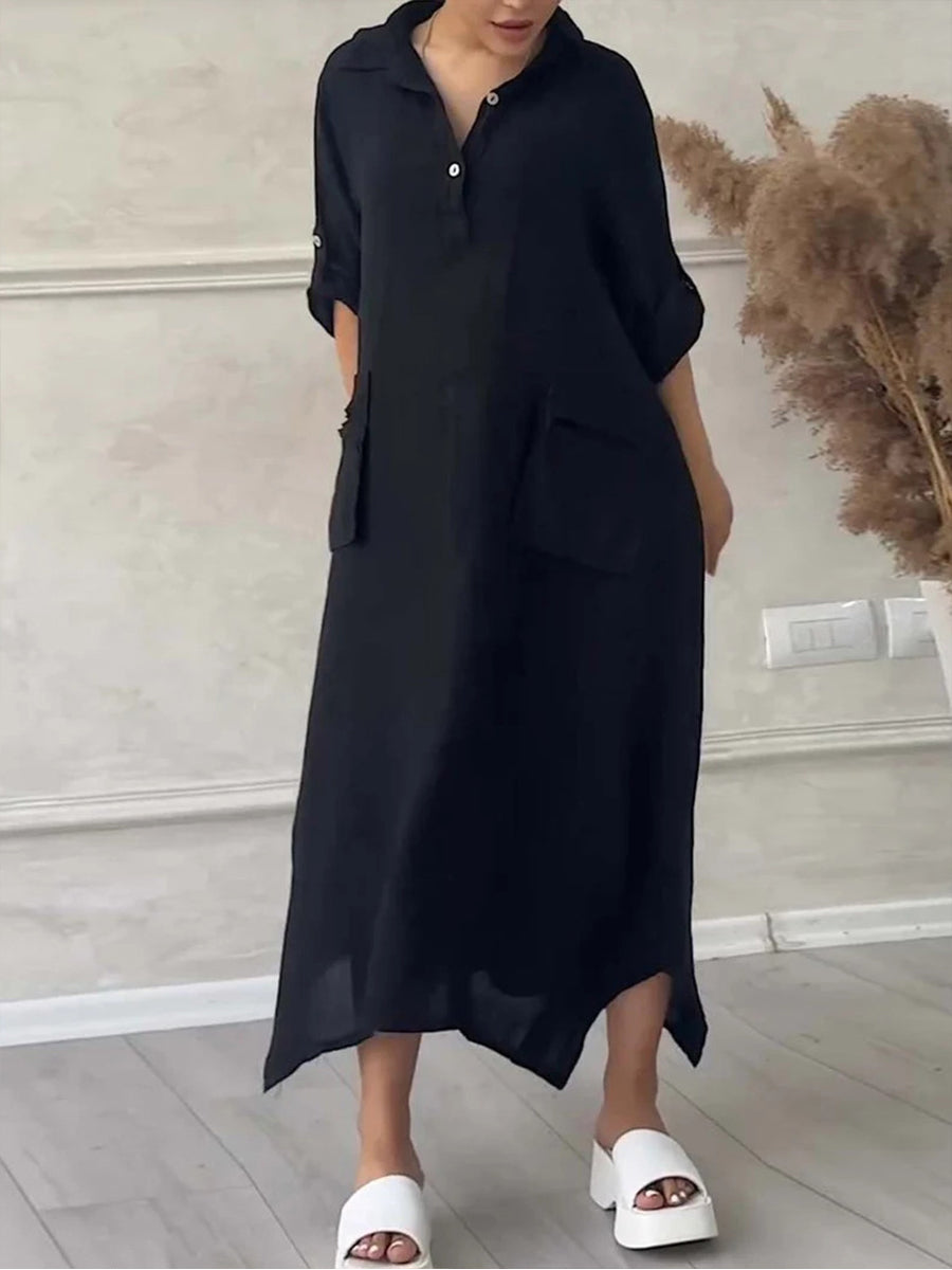 Damen Maxikleid aus Baumwolle und Leinen mit Reverskragen – Unifarbenes Kleid mit Taschen & asymmetrischem Saum Schwarz