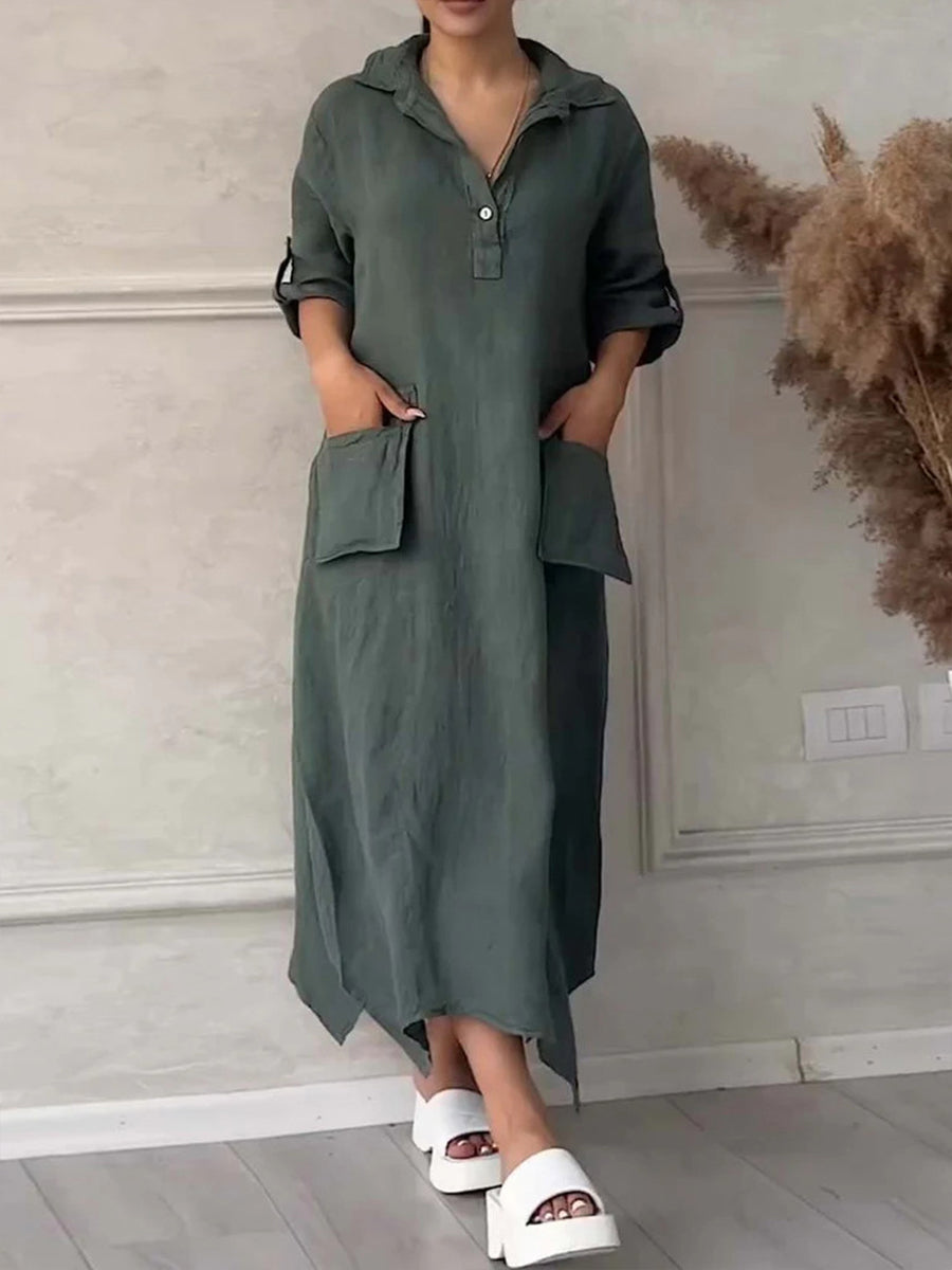 Damen Maxikleid aus Baumwolle und Leinen mit Reverskragen – Unifarbenes Kleid mit Taschen & asymmetrischem Saum